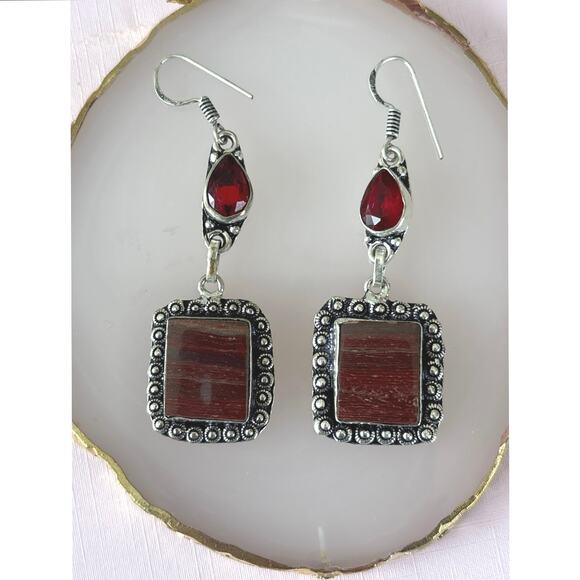 925 Silver Red Rainbow Jasper & Red Coral Dangle Earrings - Picture 2 of 5